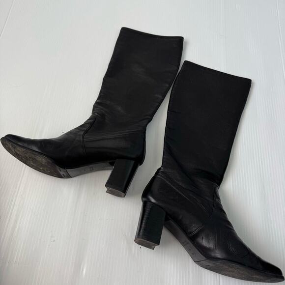 Stuart Weitzman leather knee high pull on heeled boots black size 9.5 - Picture 8 of 17